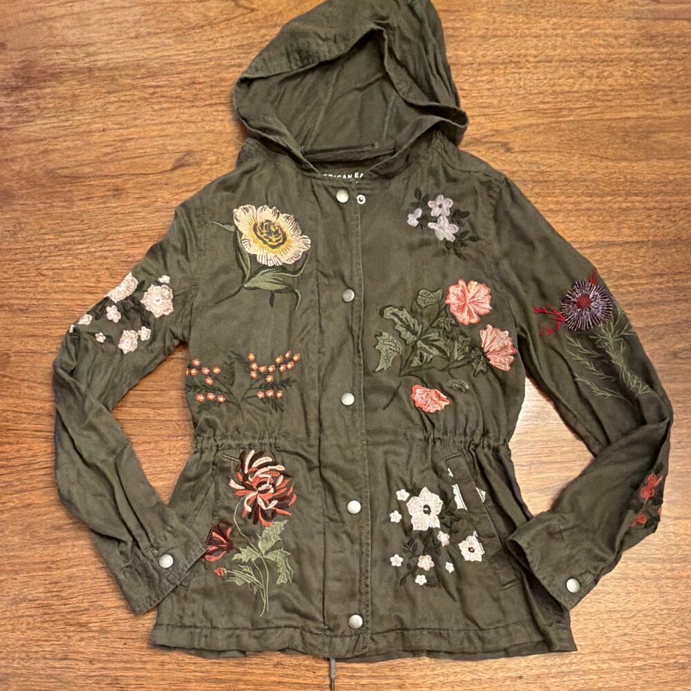 Women's Floral Embroidered Military Jacket Army Green Utility Artsy Boho